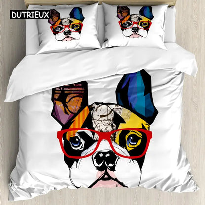 the PRINTED PET DUVET - 3D Dog Bedding Set, Cute French Bulldog Puppy Duvet Cover Sets, Cartoon Bed Cover, Pet Animals Home Textiles, Queen 2/3Pcs King Full