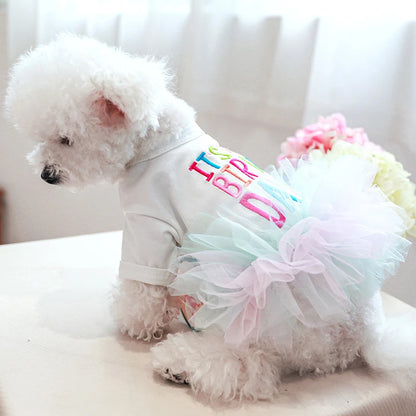 Layered Rainbow Veil Puppy Summer Clothes for Small Dogs Birthday Short Sleeve Pet Dog Dresses Princess Summer New Cat Clothing