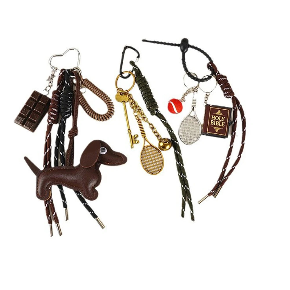 Trendy Gift Cute Sausage Dog Keychain Leather Woven Rope Anti-Lost Luggage Tag Car Bag Charm Men Women Fashion Accessories Gifts