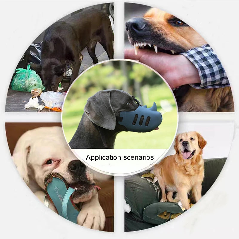 the RHINOSHIELD PET MUZZLE - Pet Dog Muzzle, Silicone Pet Muzzle, Anti-Biting, Barking, and Eating, Rhinoceros-Shaped Medium and Large Dog Muzzle