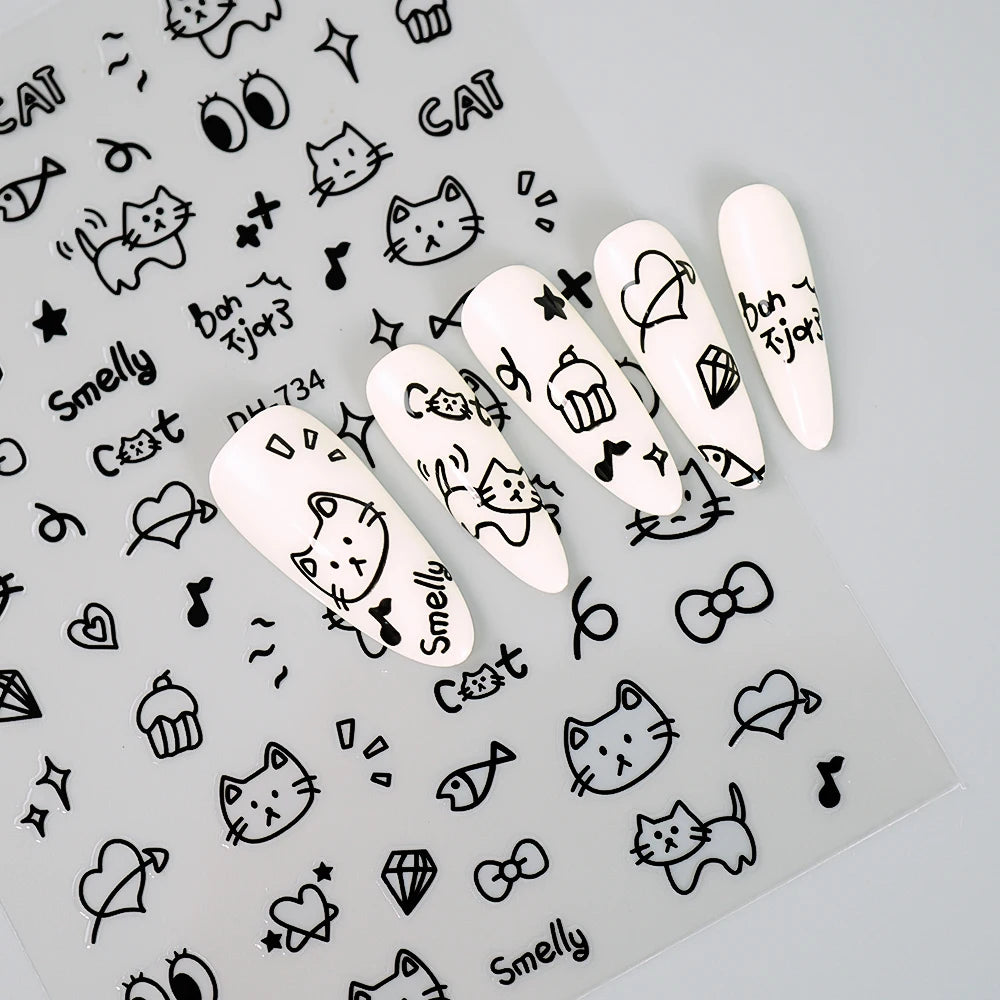 3D Flat Cute Cartoon Nail Stickers Doodle Cat Dog Heart Star Flower Nail Art Stickers Women DIY Manicure Decoration Decals
