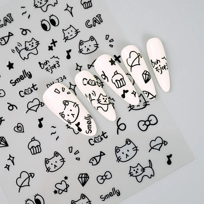 3D Flat Cute Cartoon Nail Stickers Doodle Cat Dog Heart Star Flower Nail Art Stickers Women DIY Manicure Decoration Decals