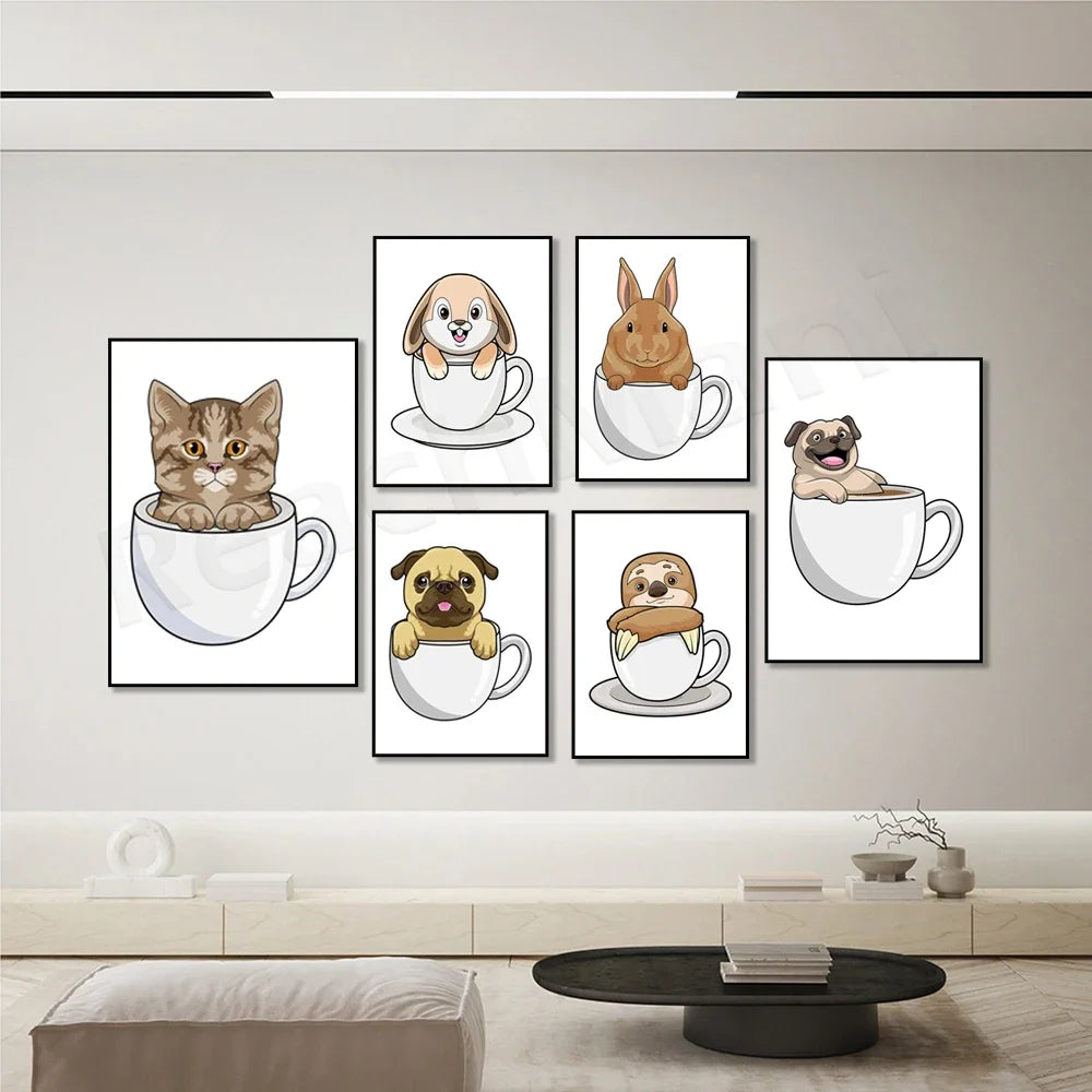 Cat in coffee mug, guinea pig, pug, rabbit, elephant, cat, mug animal canvas poster art picture home decor
