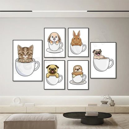 Cat in coffee mug, guinea pig, pug, rabbit, elephant, cat, mug animal canvas poster art picture home decor