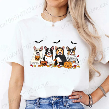 the COSTUME CANINES - Halloween Dog Fashion T-Shirt Tops, Women Harajuku Graphic Tees, Shirt Femme Corgi Dogs Halloween Women's T-Shirt