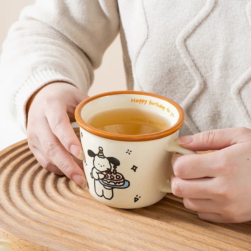 1Pcs Ins Cute Happy Bear Ceramic Mug Kawaii White Puppy Cartoon Coffee Mug Fashion Vintage Afternoon Tea Cup Pair Couple Gift