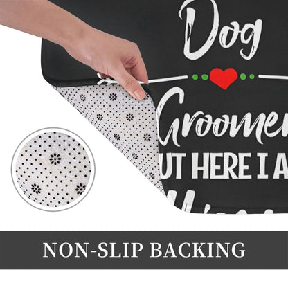the PAWGROOM WELCOME MAT - 1 Piece, "Dog Groomer" Flannel Doormat, Rectangular, Non-Slip, Machine Washable, Lightweight Polyester, Home Decor