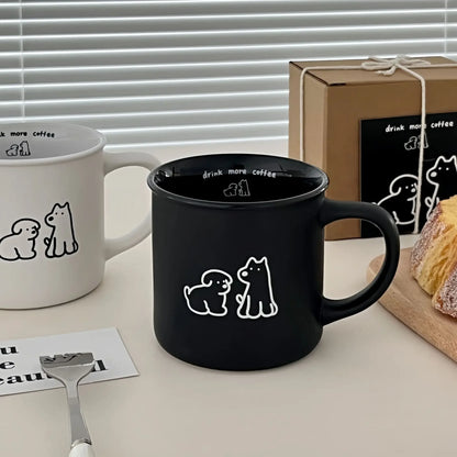 Premium Frosted Small Dog Mark Cup, Korean INS Breakfast Coffee Cup, Ceramic Cup Black and White Couple Cup Gift Box Set