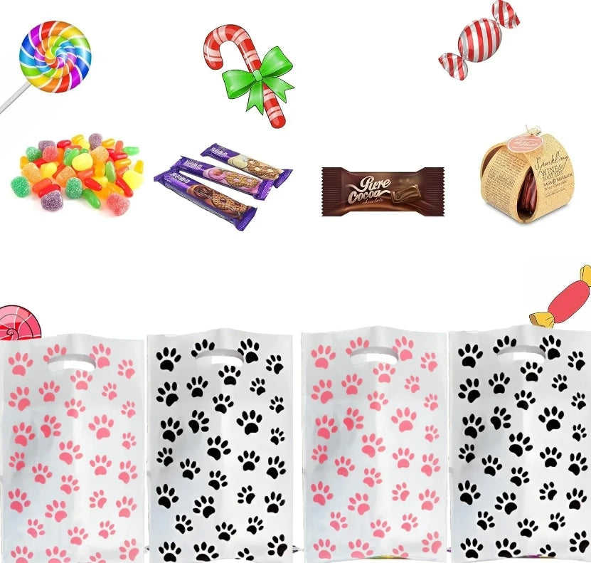 30/20/10pcs Pink Paw Gift Bag Birthday Decoration Black Footprints Dog Cat Handle Goody Bags Biscuit Wrapper Kids Party Supplies