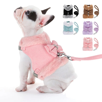 the SPARKLEPAW DIAMOND HARNESS - Warm Winter Dog Harness and Leash Set, Cute Bowknot Pet Fur Vest, Pets/Puppy Clothes Vest, Small Dog Clothing, French Bulldog
