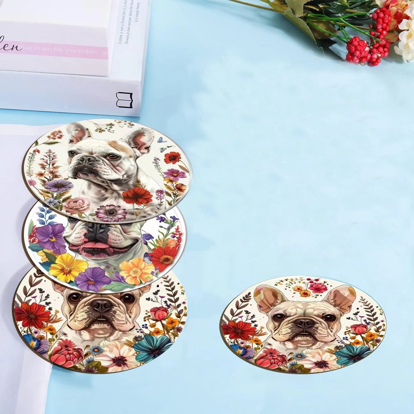 A set of 6-piece cute wooden round coasters with a little dog pattern is suitable for Thanksgiving and Mother's Day decoration