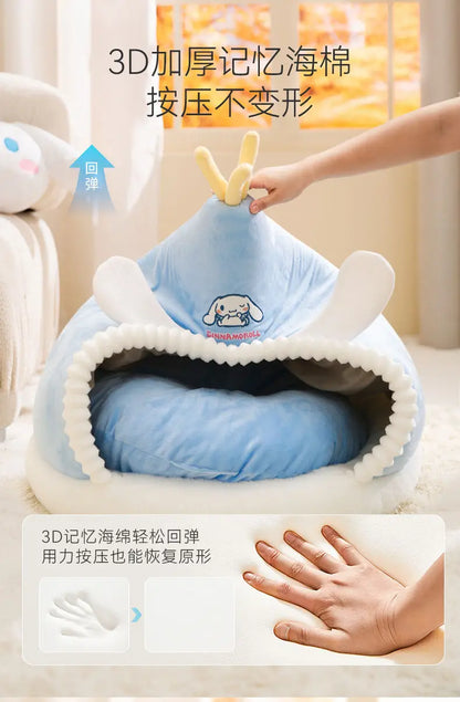 Kawaii Sanrio Cinnamoroll Dog Beds Cute Cat Mats Kennel Winter Warm Enclosed Safe House Removable Washable Sleeping Mat