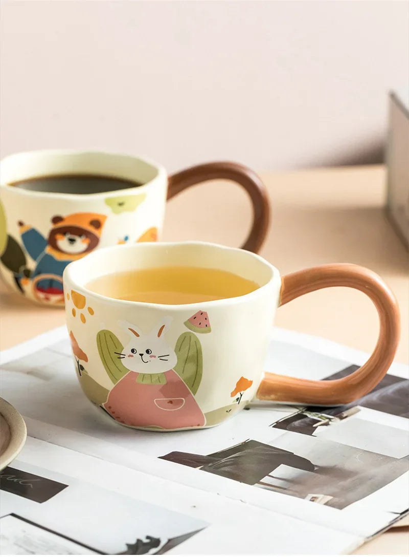 350ML Cartoon Hand Painted Bunny bear Coffee Cups Irregular Ceramic Mug Large Handle Home Office Milk Water Cup Kid's Gifts
