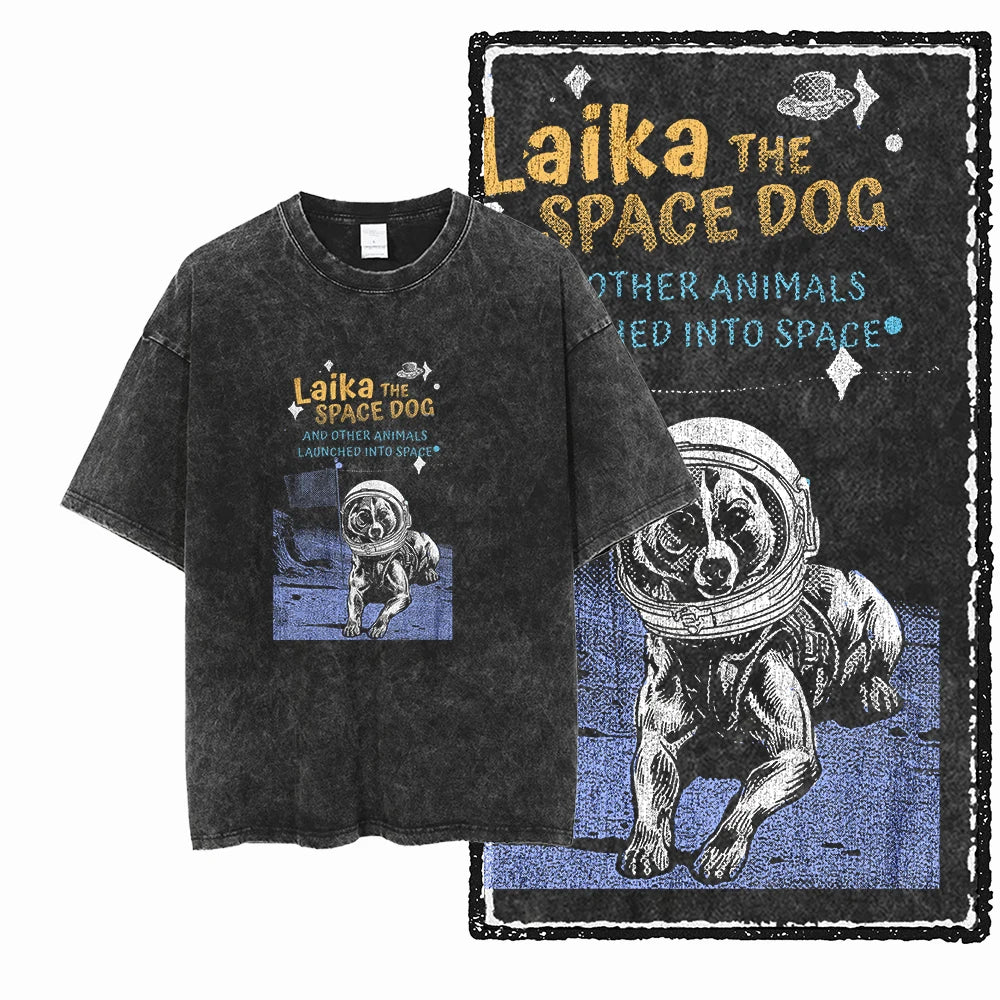 the SPACE TRAILBLAZER - DCA Laika Dog Printed Acid Washed Cotton Streetwear Exclusive Graphic Unisex T-Shirt, Cool Vintage Men T-Shirts