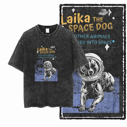 the SPACE TRAILBLAZER - DCA Laika Dog Printed Acid Washed Cotton Streetwear Exclusive Graphic Unisex T-Shirt, Cool Vintage Men T-Shirts