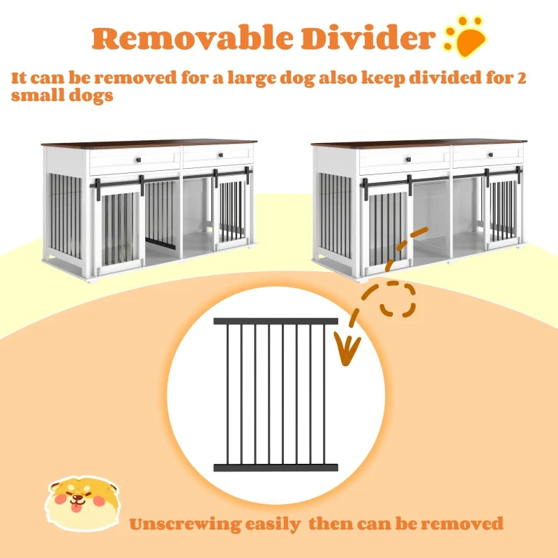 the DOG SPACE - 63 Inch Wooden Double Dog Crate with 2 Drawers and Sliding Door