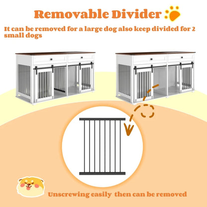 the DOG SPACE - 63 Inch Wooden Double Dog Crate with 2 Drawers and Sliding Door