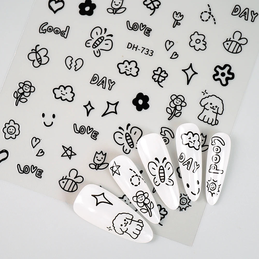 3D Flat Cute Cartoon Nail Stickers Doodle Cat Dog Heart Star Flower Nail Art Stickers Women DIY Manicure Decoration Decals