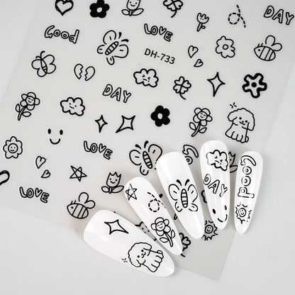3D Flat Cute Cartoon Nail Stickers Doodle Cat Dog Heart Star Flower Nail Art Stickers Women DIY Manicure Decoration Decals