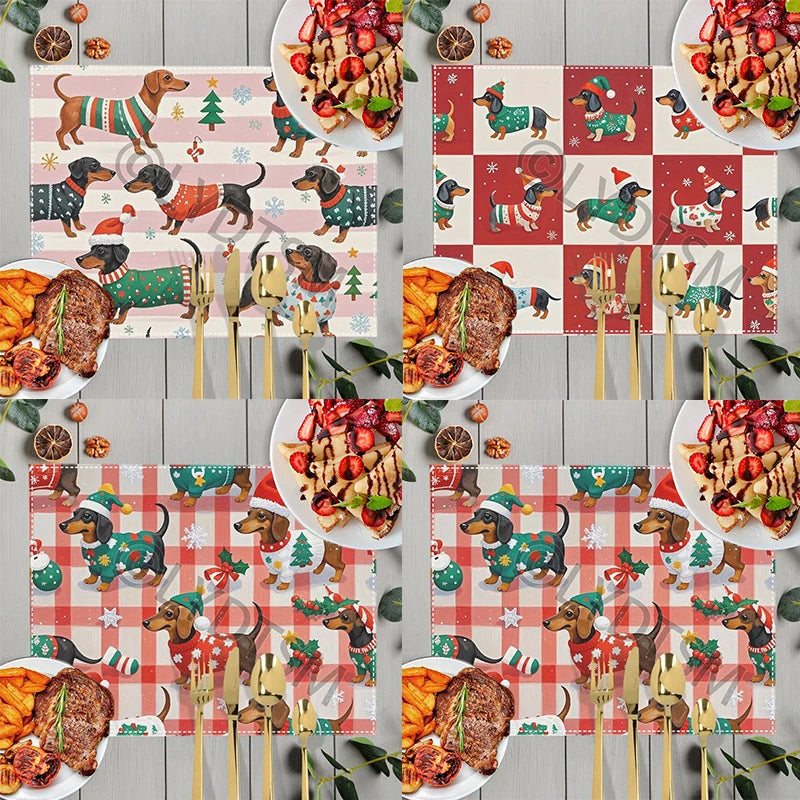Christmas Snow Fun Dachshund Dog Table Mats for Kitchen Dinner Christmas Tree Coasters Coffee Tea Cup Pads Dish Placemat