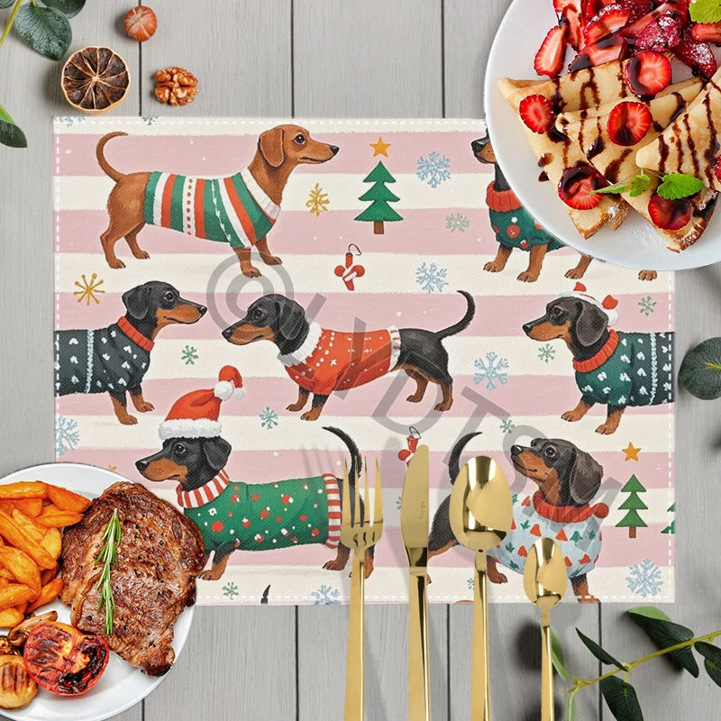 Christmas Snow Fun Dachshund Dog Table Mats for Kitchen Dinner Christmas Tree Coasters Coffee Tea Cup Pads Dish Placemat