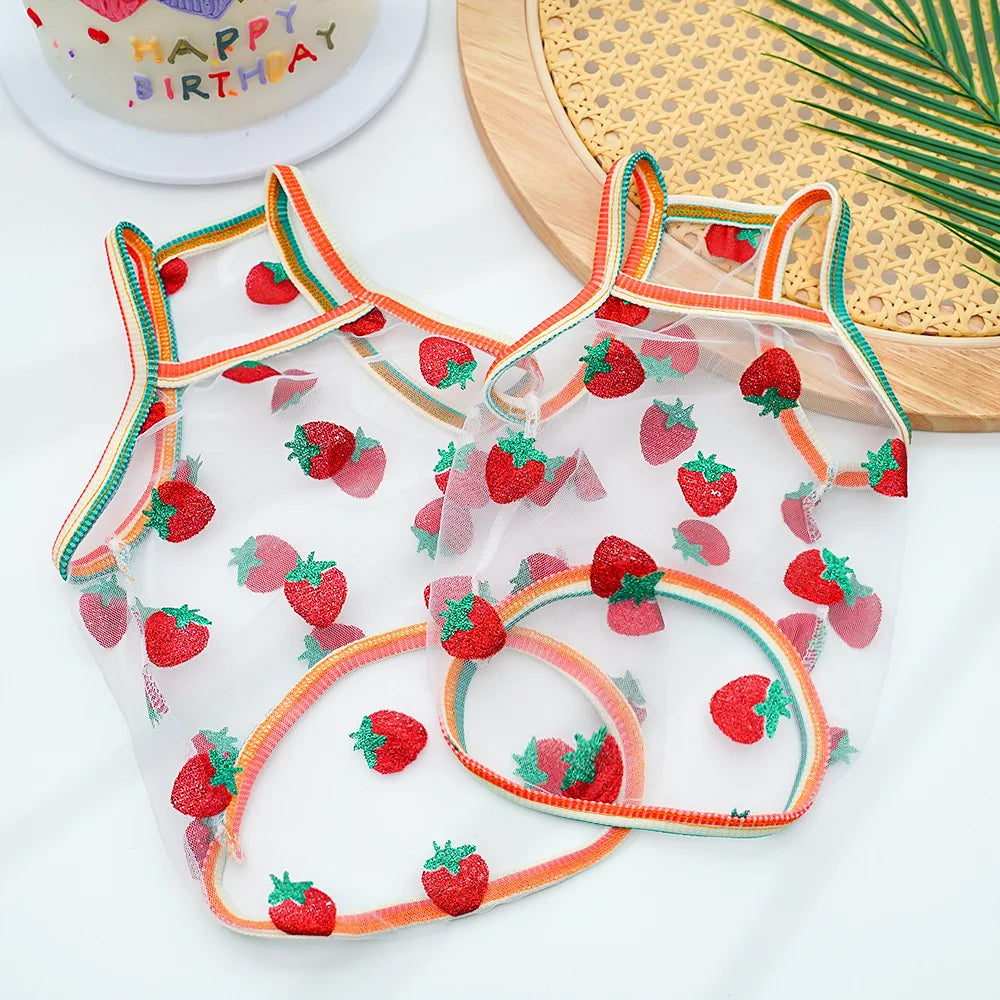 Pet Strap Sunscreen Vest Mesh Strawberries Dog Vests Dog Cat Clothing Supplies Thin Teddy Bear Colorful Dot Top Puppy Clothes