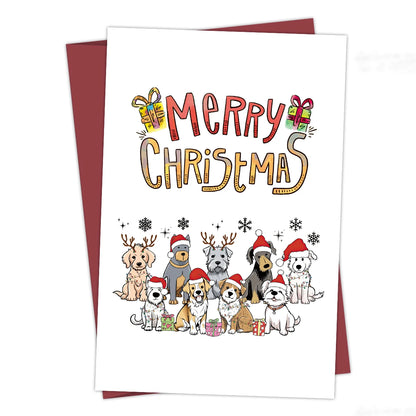 Festive Christmas Dogs Greeting Card,Cute Puppy with Santa Hat & Elk Horns Christmas Cards,Novelty Holiday Gift for Dog Lovers