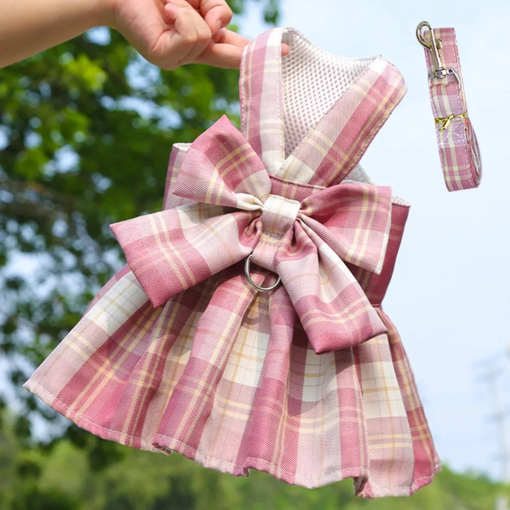 Reusable with Leash Traction Dog Plaid JK Dress Thin Dacron Pet Harness Skirt Washable Comfortable Dog Bow Skirt Puppy