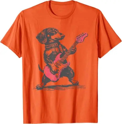 the ROCKER DOG - Vintage Dachshund Weenie Playing Guitar T-Shirt, Dog Men Music Lover Graphic Outfit, Funny Rock Hip Hop Streetwear Saying Tee