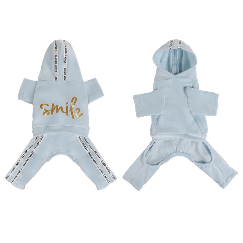 Soft Velvet Dog Jumpsuit Puppy Pajamas Onesie with Hoodie Pet Apparel Spring Autumn Cozy Dog Clothes for Small Medium Dogs