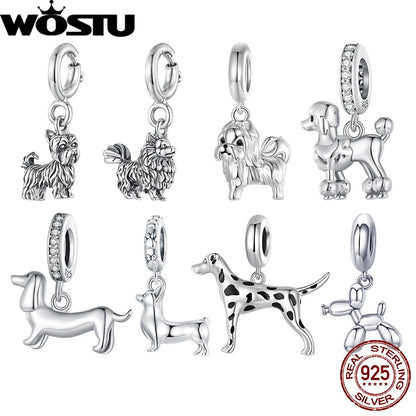 WOSTU 925 Sterling Silver Pet Dog Charm Pomeranian Pendant Yorkshire Terrier Locket Cute Original Fit for Women Bracelet DIY