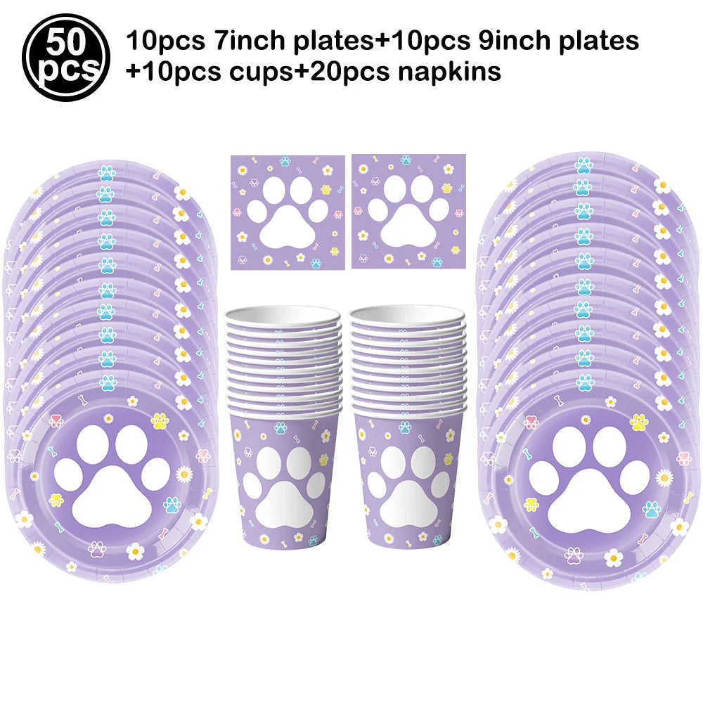 Dog Puppy Theme Party Tableware Color Paw Print Paper Cups Plates Banner 1st-3th Dog Birthday Party Baby Shower Decor