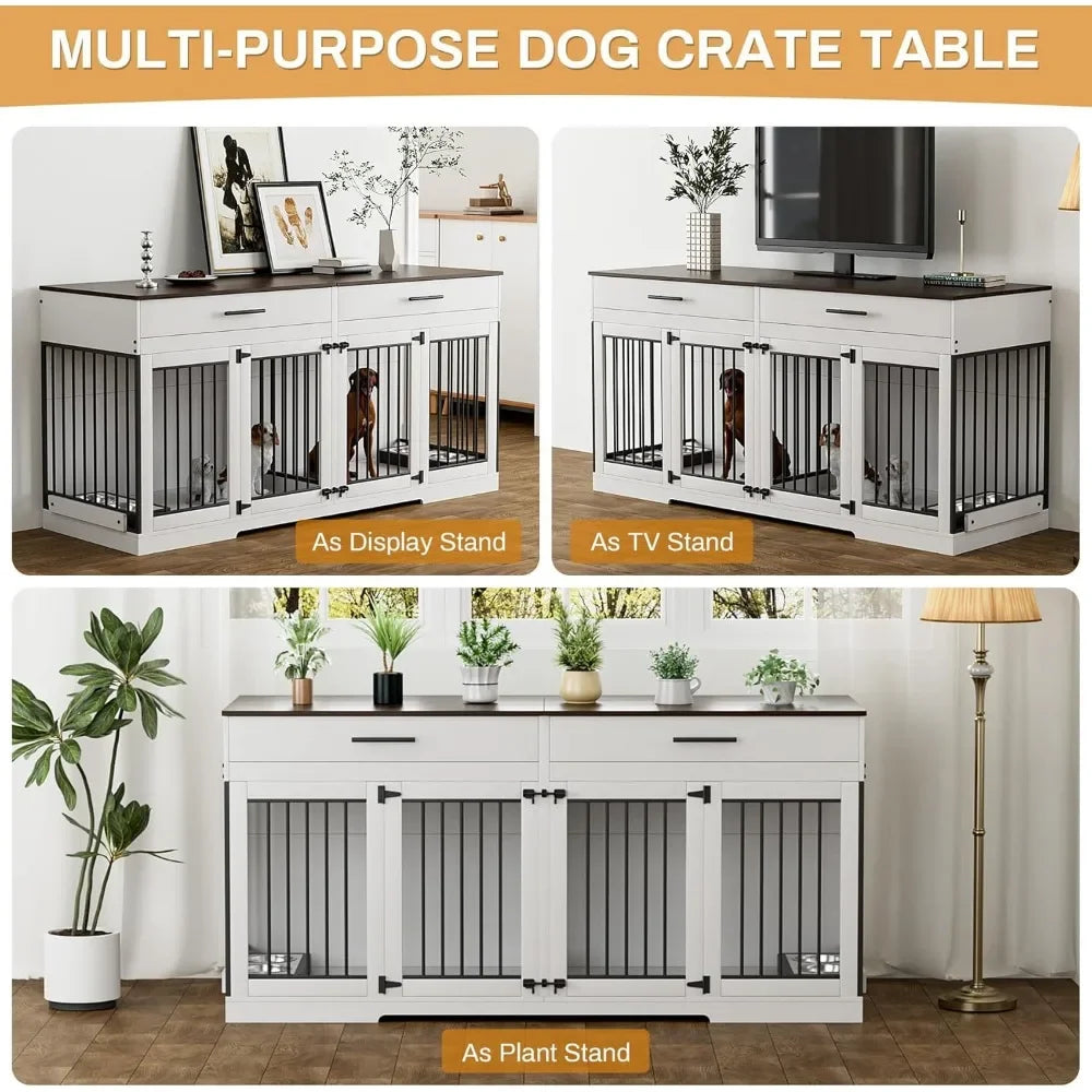 Dog Crate Furniture, 72.05 Inch Wooden Large Dogs Kennel with 2 Drawers & Dogs Bowls, Dog Cage  with Double Doorss & Divider