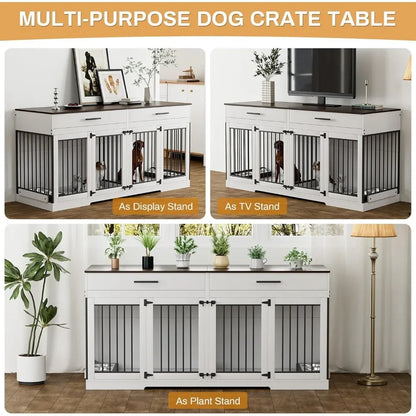 Dog Crate Furniture, 72.05 Inch Wooden Large Dogs Kennel with 2 Drawers & Dogs Bowls, Dog Cage  with Double Doorss & Divider