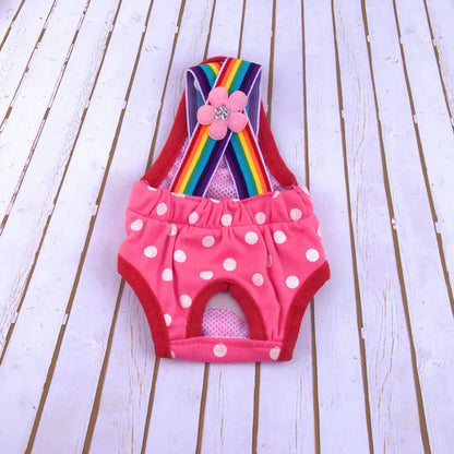 Adjustable Pet Diaper Pants for Female Dogs with Rainbow Suspenders Cute Polka Dot Puppy Sanitary Underwear Reusable Dog Shorts