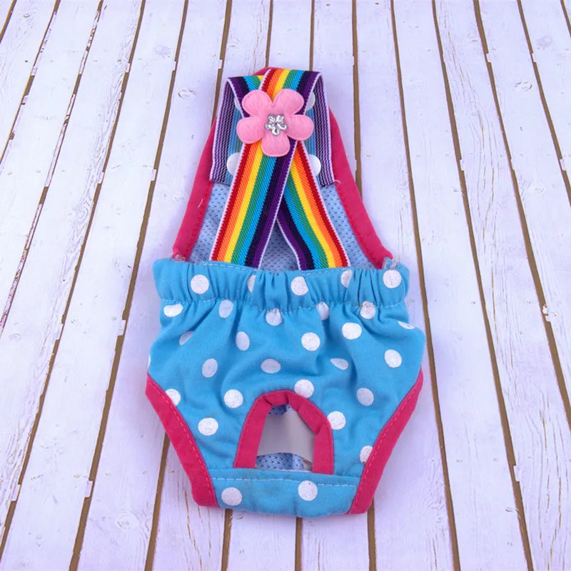 Adjustable Pet Diaper Pants for Female Dogs with Rainbow Suspenders Cute Polka Dot Puppy Sanitary Underwear Reusable Dog Shorts