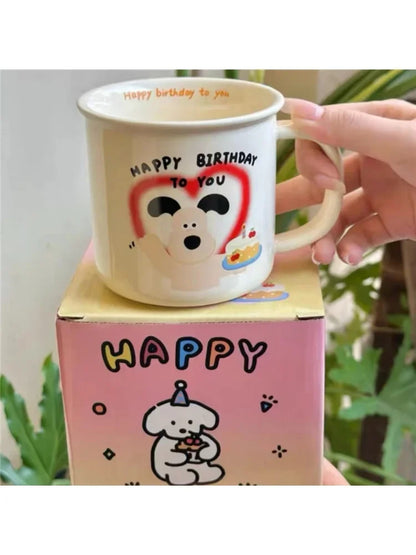 1Pcs Ins Cute Happy Bear Ceramic Mug Kawaii White Puppy Cartoon Coffee Mug Fashion Vintage Afternoon Tea Cup Pair Couple Gift
