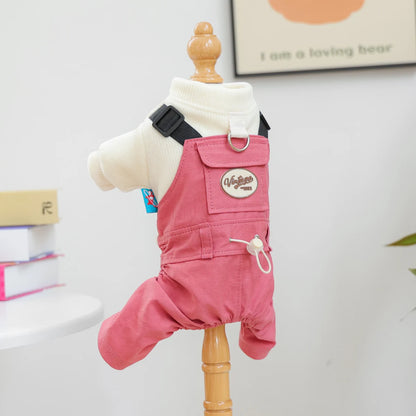 1-piece Pet Clothes Dog Autumn Handsome and Cute Going Out Striped Splicing Coral Pink Tooling Four-legged Overalls Jumpsuit