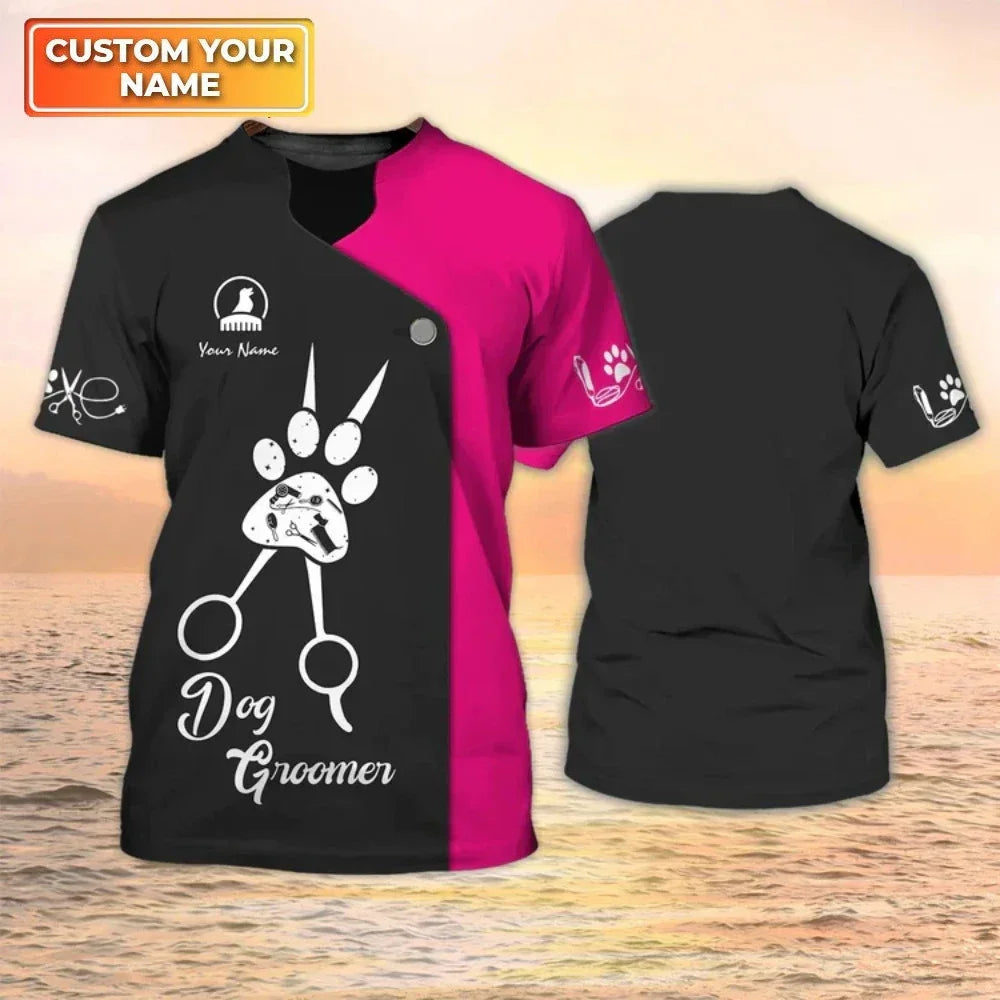 the GROOMER - Dog Grooming Graphic Printed Casual T-Shirts, Pet Groomer Customized Oversized Workwear, EU Size Unisex Pullover