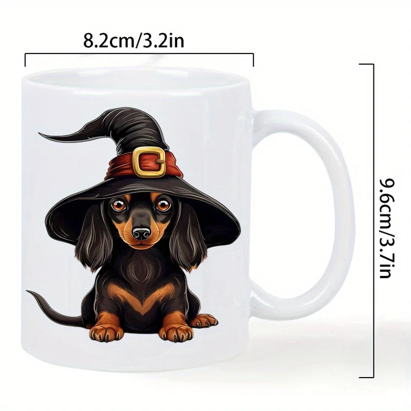 Cute Witch Hat Dachshund Ceramic Mug - Halloween-Themed Coffee Cup with Red & Black Hat, Perfect Gift for Dog Lovers, Hand Wash