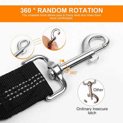 the DOGGY SEAT BELT - Dog Seat Belt Harness for Car, Restraint Adjustable with Elastic Bungee Buffer Headrest for Vehicle, 360° Swivel Carabiner Nylon