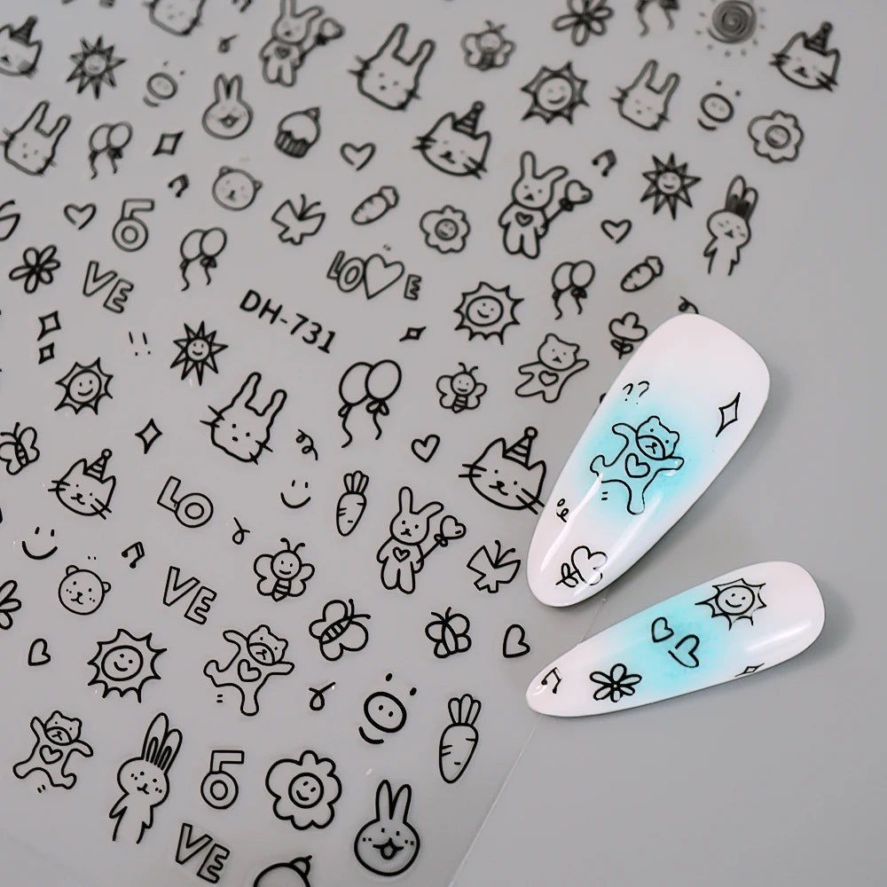 3D Flat Cute Cartoon Nail Stickers Doodle Cat Dog Heart Star Flower Nail Art Stickers Women DIY Manicure Decoration Decals