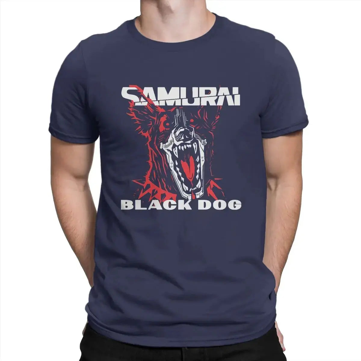 the BLACK DOG SAMURAI - Black Dog T-Shirt, Pure Cotton Novelty T-Shirt, Round Collar Cyber Samurai Punk Tee Shirt, Short Sleeve Clothes Graphic Printed