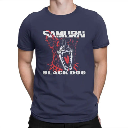 the BLACK DOG SAMURAI - Black Dog T-Shirt, Pure Cotton Novelty T-Shirt, Round Collar Cyber Samurai Punk Tee Shirt, Short Sleeve Clothes Graphic Printed