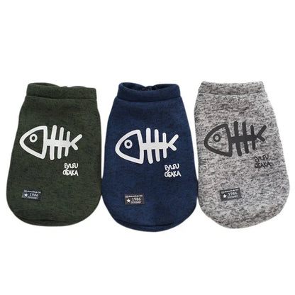 Cute Fleece Pet Clothes Fish Bone Pattern Warm Dog Hoodie Sweater Autumn Winter Dog Vest Button Dogs Short Sleeve Jacket Vest