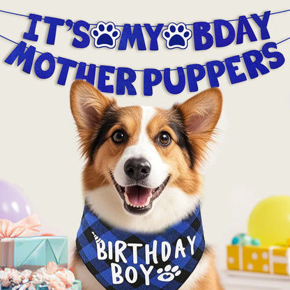 Dog Birthday Party Kit - Bandana, Hat, Bow Tie & Bday Banner for Small Dogs, Puppy Decor with It’s My Bday Signs Boy/Girl