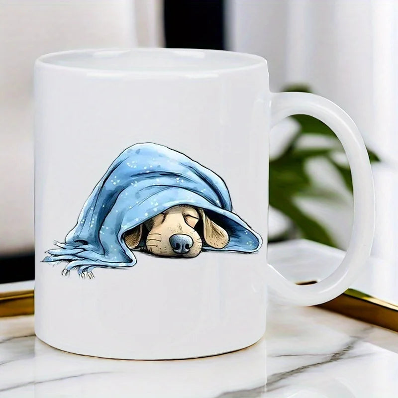 Cozy Blue Hoodie Puppy Ceramic Mug - White with Blue Hooded Dog Design, Perfect for Coffee Lovers, Hand Wash Only, Reusable, Cof
