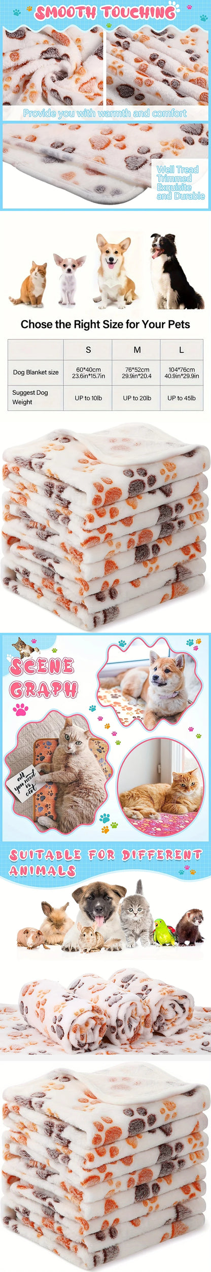 Pet Blanket with White Paw Print Pattern Flannel Blanket Soft and Fluffy Suitable for Dogs and Cats of Pet Blankets