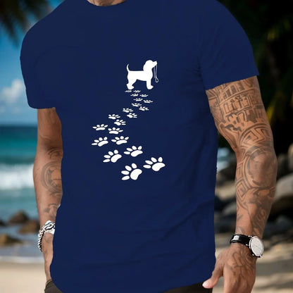 the WALK PLEASE -Men's Summer 100% Cotton Fashionable Casual Sports Loose Fit Dog Paw Print Round Neck Short Sleeved T-Shirt Top