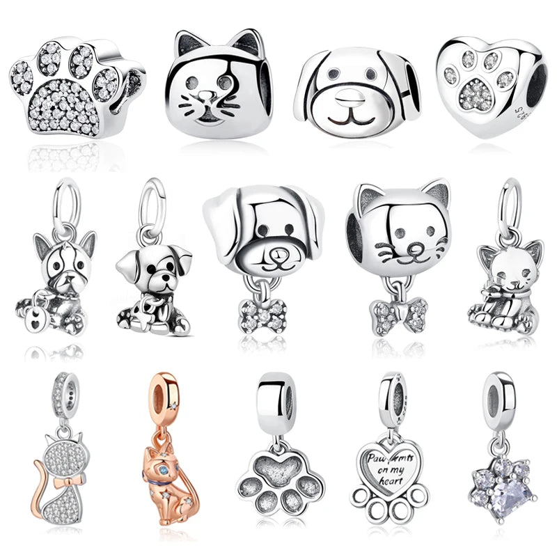 Original 925 Sterling Silver Charms Love Pets Dog Cat Paw Print Pendant Beads Fit Brand Bracelets Necklaces Women DIY Jewelry